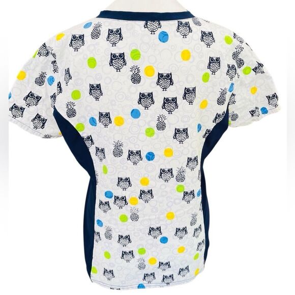 Cherokee Blue and White Owl and pineapple Print Scrub Top - Picture 2 of 6